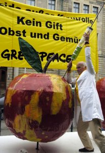Ein Greenpeace-Aktivist steckt am 27.09.2004 vor dem Verbraucherschutzministerium in Berlin eine große Spritze in einen riesigen Apfel. Der Protest der Umweltschutzorganisation richtet sich gegen die Anhebung der erlaubten Pestizidmengen in Obst und Gemuese